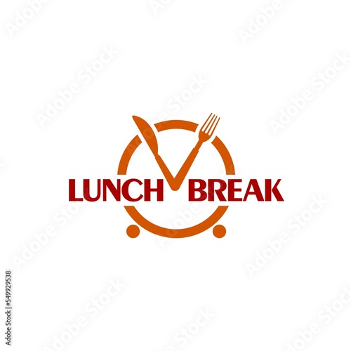 Tableau sur toile Clock cutlery with text Lunch break logo isolated on white background