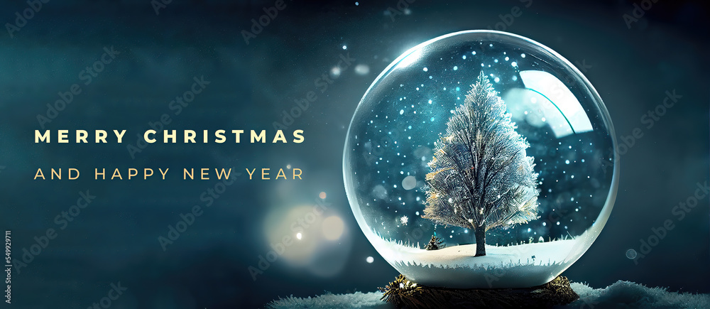 Christmas tree in glass ball on snow. Glitter lights. Christmas wishes ...