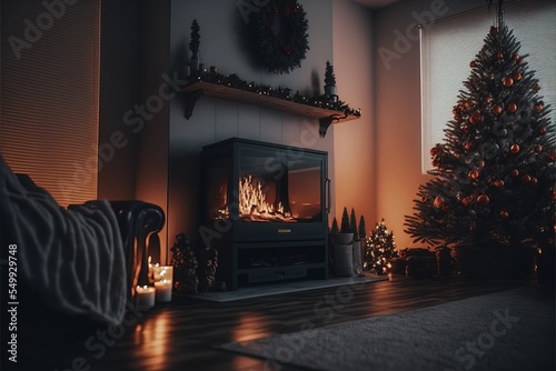 Fireplace in a living room in modern style with Christmas decorations. modern. luxury.