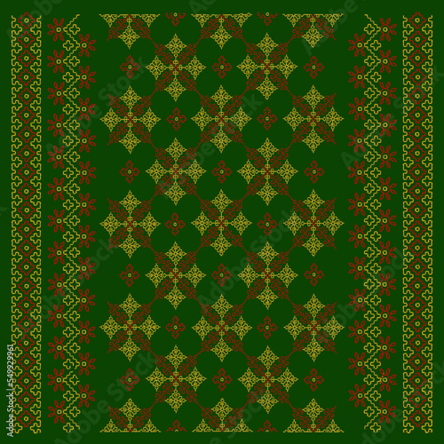Embroidered seamless geometric pattern. Ornament for textile designing, printing, and wallpapers. Vector illustration