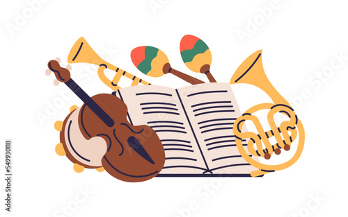 Music art, school subject, class, education concept. Instruments, book, lead sheet composition for study solfeggio lesson. Solfege course. Flat vector illustration isolated on white background
