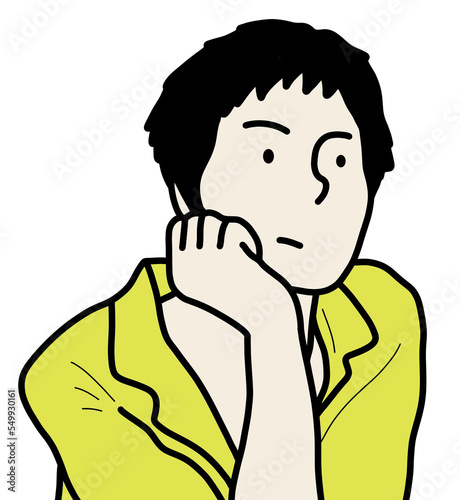 おの思いに耽る女の人。頬杖をついている女性。