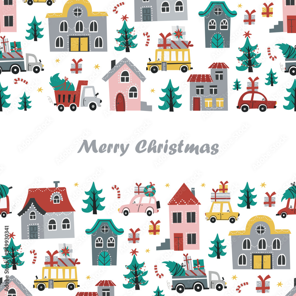 Christmas seamless horizontal border with cars and houses