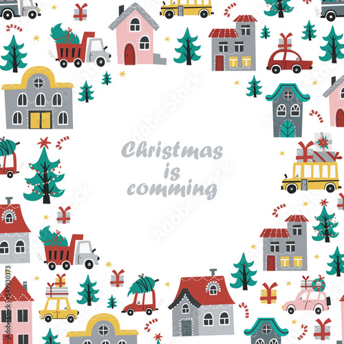 Christmas border with cars and houses.