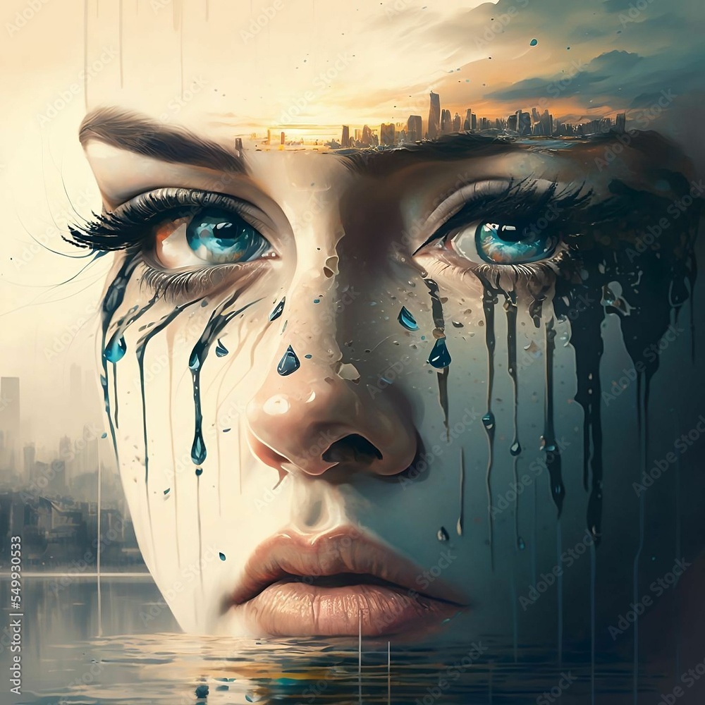 Illustration of a Woman Crying Black Tears with Cityscape Created