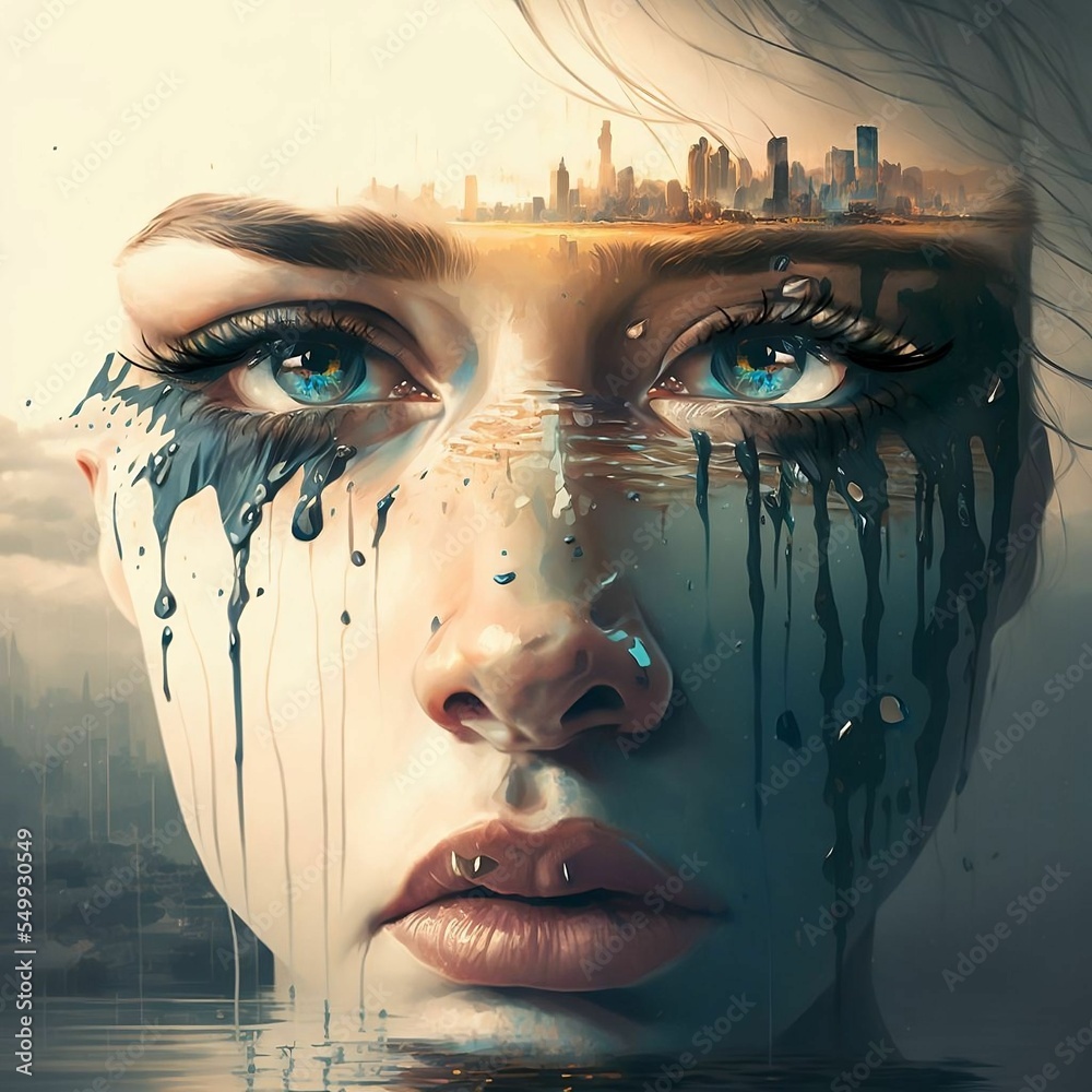 Illustration of a Woman Crying Black Tears with Cityscape Created