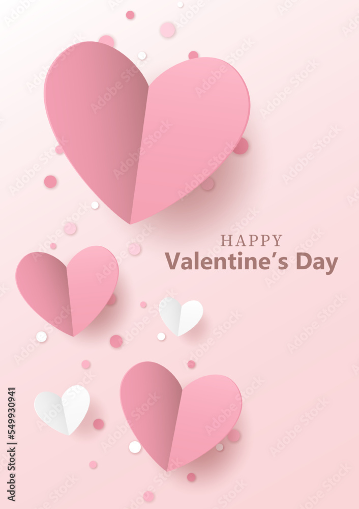 Background design for Valentine's Day with paper cut hearts and confetti. Pink and white paper hearts and confetti on pink gradient background.