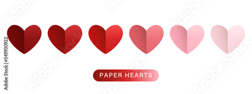 Set of paper cut hearts in dark red to light pink gradient colors.
