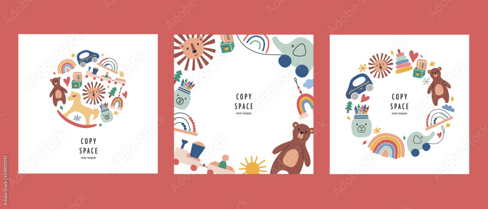 Scandi eco toys template collection, square compositions with copy space, vector arrangements with teddy bear, rocking horse, arch stacker, good for card, poster design