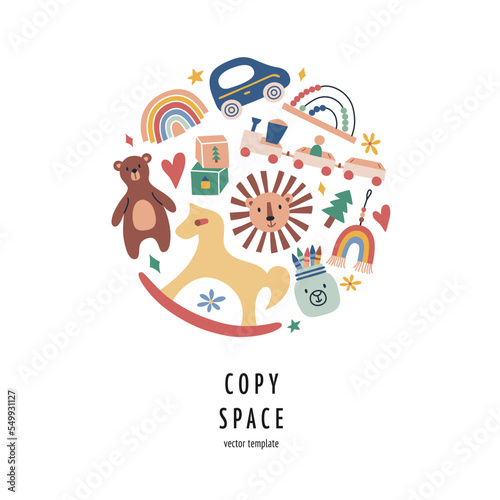 Eco toys and nursery decor composition, square template with copy space, vector arrangement with rocking horse, lion, teddy bear, rainbow, good for card, poster design
