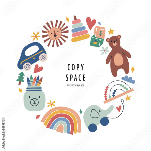 Eco toys icons composition, square template with copy space, vector arrangement with lion, teddy bear, arch stacker, colored pensils, scandi nursery, good for card, poster design
