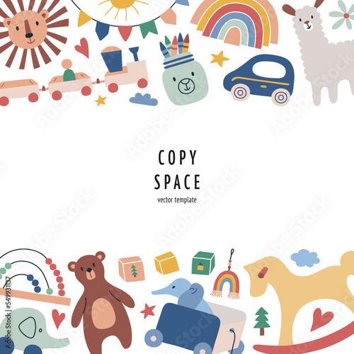 Eco toys icons composition, square template with copy space, vector arrangement with lion, teddy bear, arch stacker, colored pensils, scandi nursery doodles, good for card, poster vector design