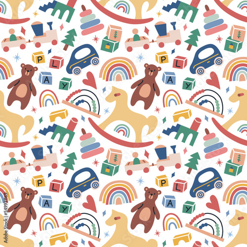 Eco toys seamless pattern, vector illustrations of hand drawn scandi children toys, doodle ornament of rocking horse, wooden blocks, rainbow icons, colored pattern