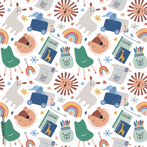 Scandi nursery essentials, seamless pattern with toys, vector illustrations of hand drawn children furniture, doodle ornament of books and playroom decor icons, colored pattern