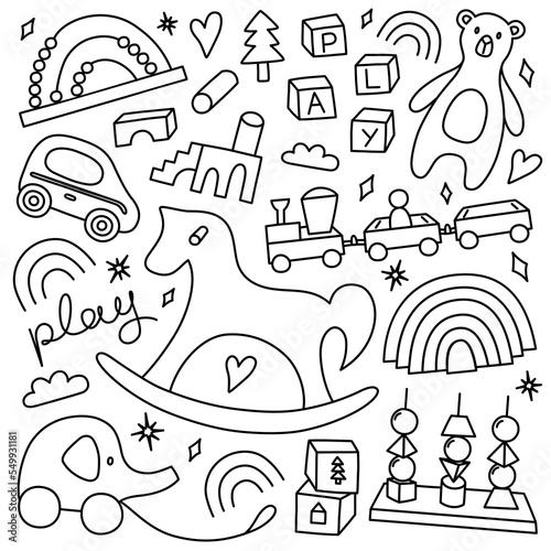 Eco toys doodle set, scandinavian nursery interior collection, hand drawn children rocking horse, teddy bear, wooden blocks, vector illustration of scandi playroom equipment, isolated outline clipart 