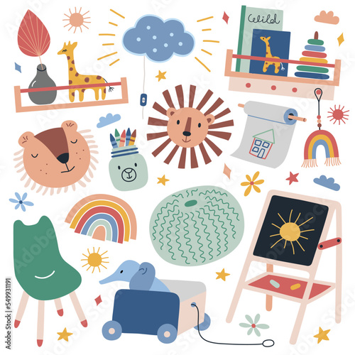 Scandinavian nursery interior collection, hand drawn set of doodle toys, cushions, icons of children furniture, vector illustration of scandi playroom decor, isolated colored clipart
