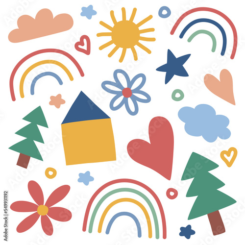 Scandi baby hand drawn collection, children drawings icons, vector doodle illustrations of abstract shapes, sun, trees, rainbow, isolated colored clipart on white background