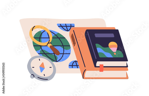 Geography education, school subject concept. Science book, atlas, compass, map for study composition. Course about Earth, cartography, navigation. Flat vector illustration isolated on white background
