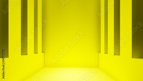 Blank yellow display on yellow background with minimal style and spot light. Blank stand for showing product. 3D rendering.