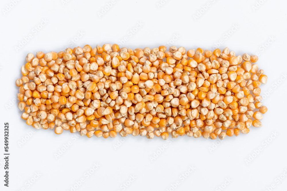 corn kernels : Close-up of organic yellow corn seed, Dried corn kernels on white background, top view corn kernels : Close-up of organic yellow corn seed, Dried corn kernels on white background, top view