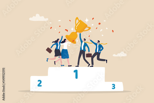 Team success win together, teamwork or collaboration to achieve goal together, group winner or team victory concept, businessman and businesswoman colleagues hold winning trophy on first place podium.