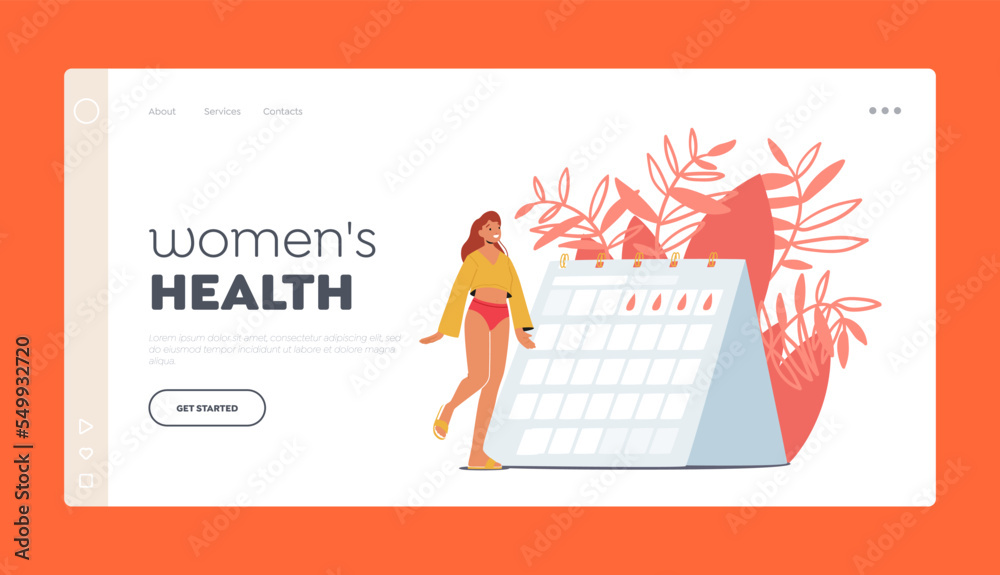 Women Reproductive Health Landing Page Template. Female Character Look At Calendar with Blood Drops Vector Illustration