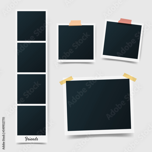 Different size of set Polaroid photo picture frames on gray background. Photo booth, instant photos mockup glued with color adhesive tape. Photo template for Scrapbook. Vector illustration