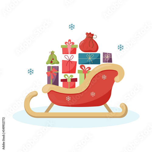 Reg sleigh of Santa Claus with Christmas gifts and bags. Flat illustration. Colorful gift boxes, red and green bags