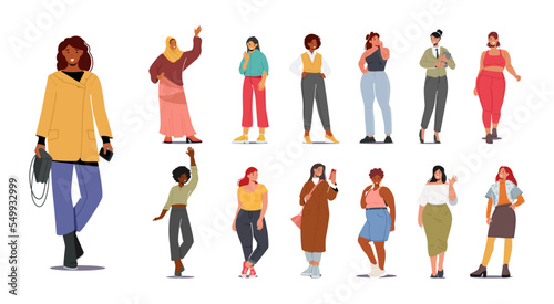 Set Multinational Female Characters, Caucasian, Arab, African or Asian Women Wear Trendy Clothes, Multiethnic Girls
