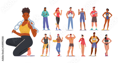 Set of Sportsmen and Sportswomen. Male and Female Characters Wear Uniform Posing, Perform Trophies and Medals