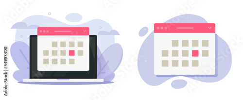 Calendar agenda digital online on computer screen icon vector or web internet reminder planner app on laptop pc graphic flat illustration, schedule electronic date event task clipart image