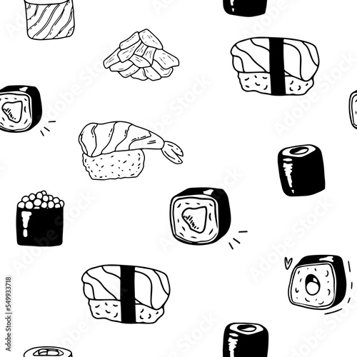 Sushi isolated icons in seamless pattern, vector illustration. Wrapping paper design for Japanese restaurant food delivery packages. Traditional Asian cuisine seafood dish, sushi and rolls menu cover.