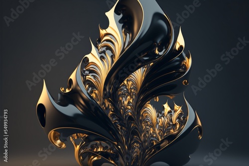 abstract wave effect, black fractal shape with surreal golden ornaments, twisted background design, fantasy form, floral sculptur, generative ai photo