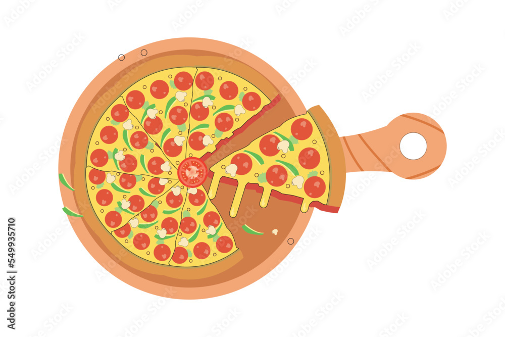 Pizza with slices on culinary board design Pizza with slices on culinary board design