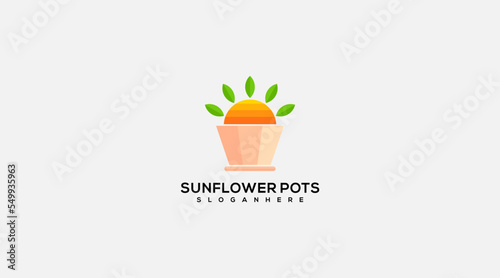 The collection of sunflowers in plat pot logo design