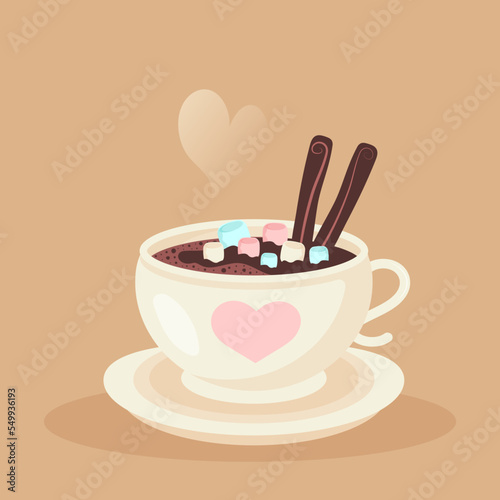 Cup of coffee with saucer, marshmallow, cinnamon and heart shaped steam. Valentines day or christmas concept.