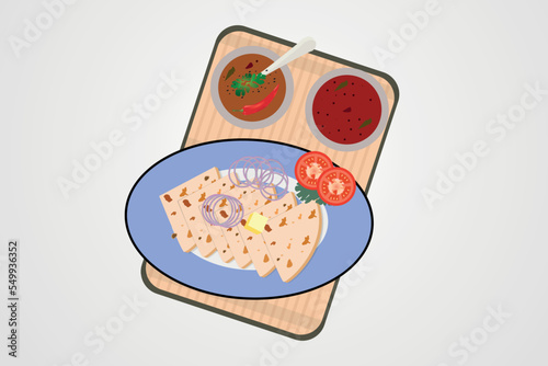 Stuffed paratha indian traditional food with tomato vector illustration