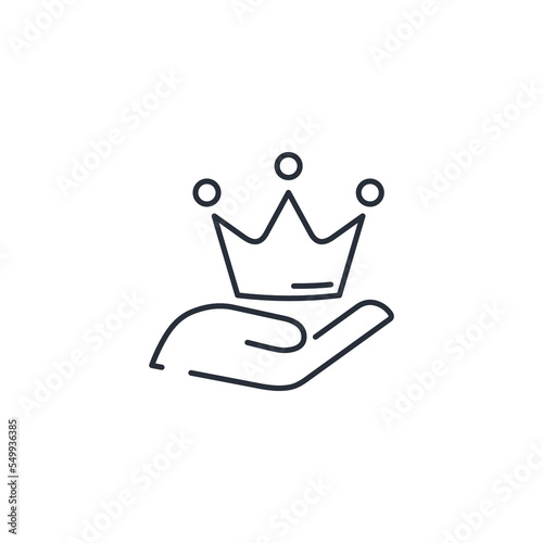 Crown in hand. Royal offer, opportunity. Vector linear icon isolated on white background.