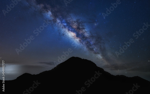 Mountain silhouettes in the night, Amazing blue night sky milky way, star, constellation on dark background.Universe filled with stars, nebula and galaxy with noise and grain.