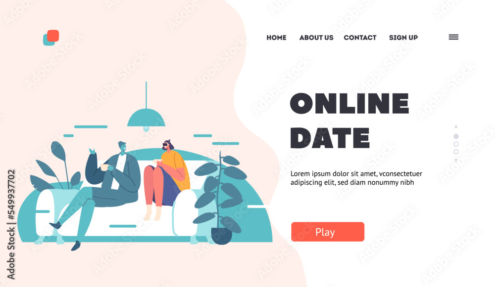 Online Date Landing Page Template. Love, Flirting in Virtual Reality Cyberspace. Young Couple in Vr Goggles Spend Time
