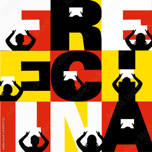 silhouettes of men and women holding A4 white paper, text: free China, in red, yellow, black and white colors , vector