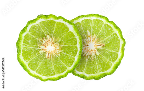 A half of bergamot or kaffir with seeds isolated on transparent png