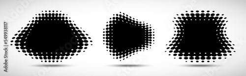 Set of halftone dots curved gradient pattern texture background. Curve dotted spots using halftone circle dot raster texture. Vector emblem. Logo half tone collection. Sale banners.