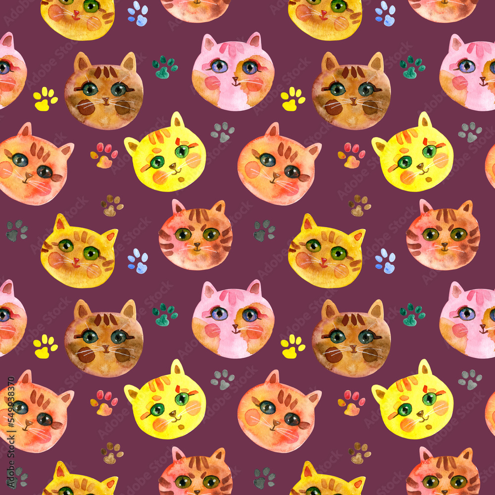cats on a Old Mauve background. Cute Cat muzzle. Watercolour hand drawn illustration. For fabric, sketchbook, wallpaper, wrapping paper. cats on a Old Mauve background. Cute Cat muzzle. Watercolour hand drawn illustration. For fabric, sketchbook, wallpaper, wrapping paper.