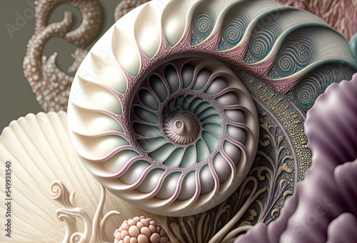 fiction nautilus shell, nautilus background, pastel beautiful colored nautilus, spirale, fractal, background, illustration, generative AI