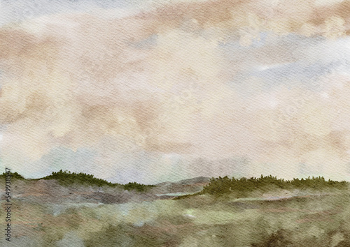 Watercolor Landscape Background of Countryside Field and Sky with Clouds, Abstract Painting 