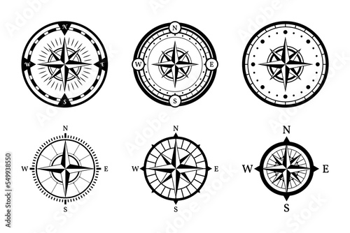 Marine wind rose compas set isolated on white background.