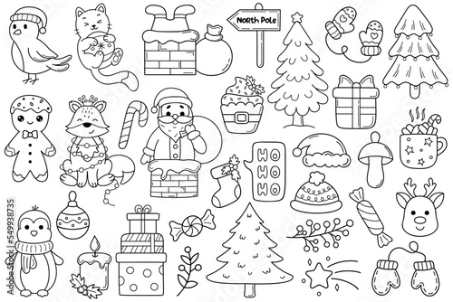Vector set of holiday icons. Happy New Year. Christmas collection with traditional Christmas and New Year elements. Set of Christmas design doodle elements. 