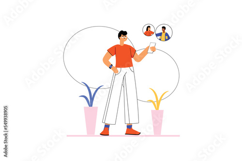 Video chatting icons concept with people scene in the flat cartoon design. Man communicates while walking with his friends via video chat. Vector illustration.
