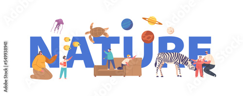 Virtual Nature Concept. Characters Wear Vr Glasses Immerse into Virtual Cyberspace Learning Animals, Flora, Fauna